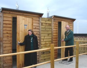 Mayor opening natsol compost toilets on Hilbre Island
