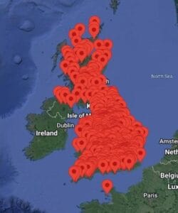 Map of UK showing NatSol toilet installations